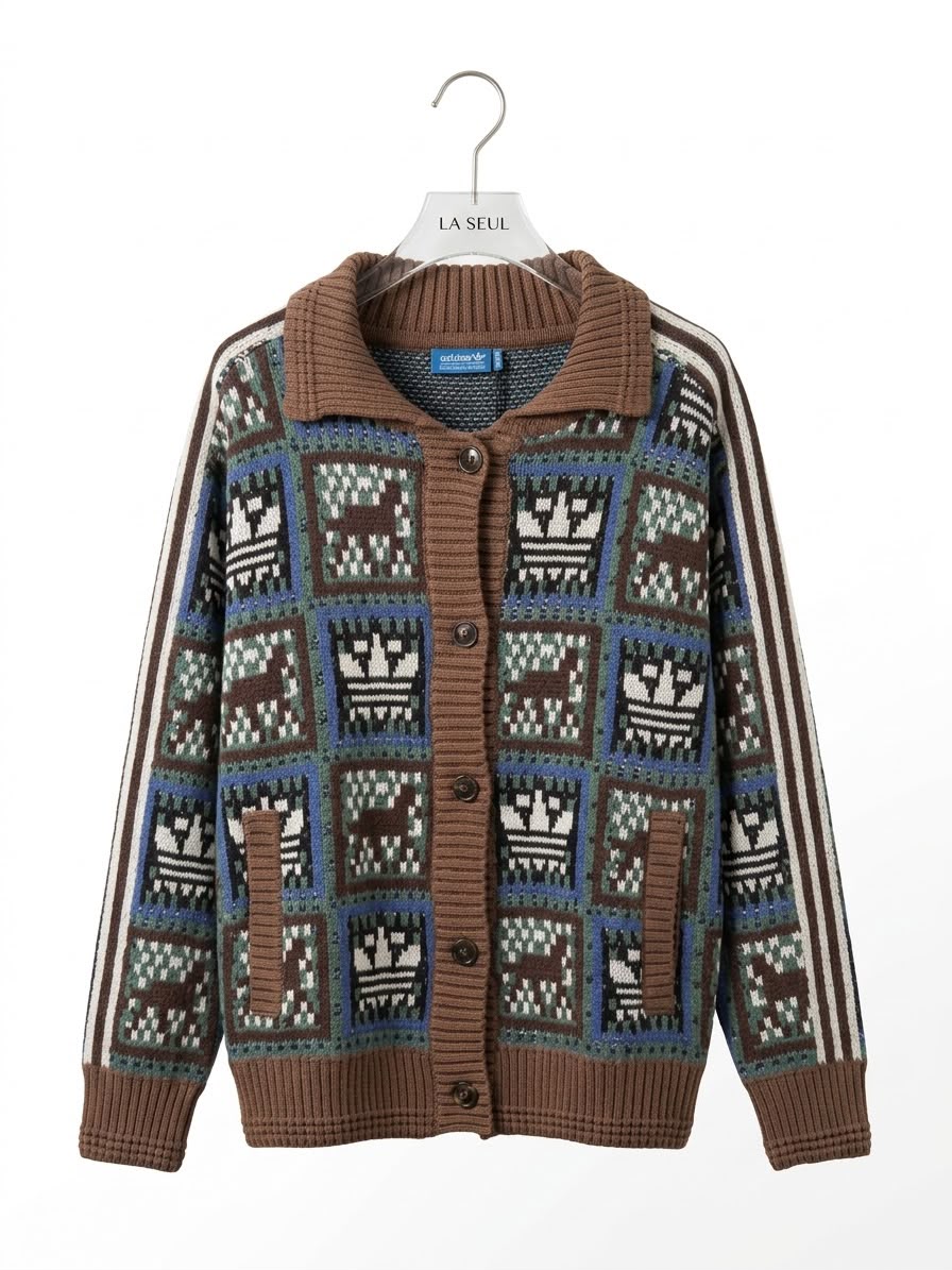 Adidas jacquard knit cardigan Brown and blue with repeating Trefoil logo pattern