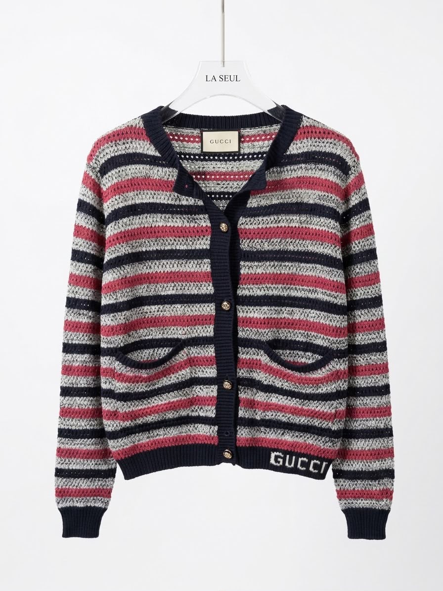 Gucci striped knit cardigan Multicolor with navy trim, gold buttons