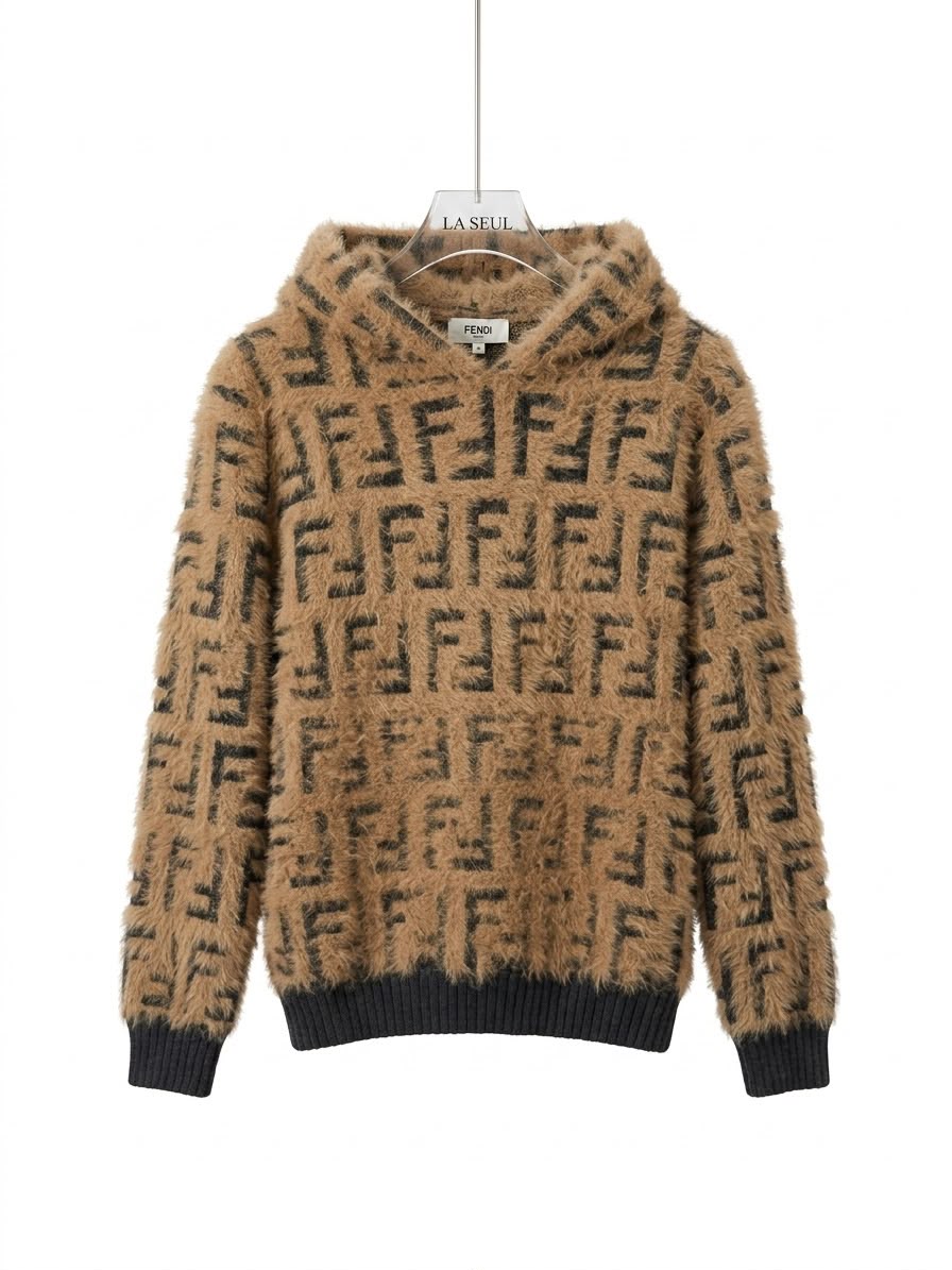 Fendi FF monogram fuzzy knit hoodie Brown