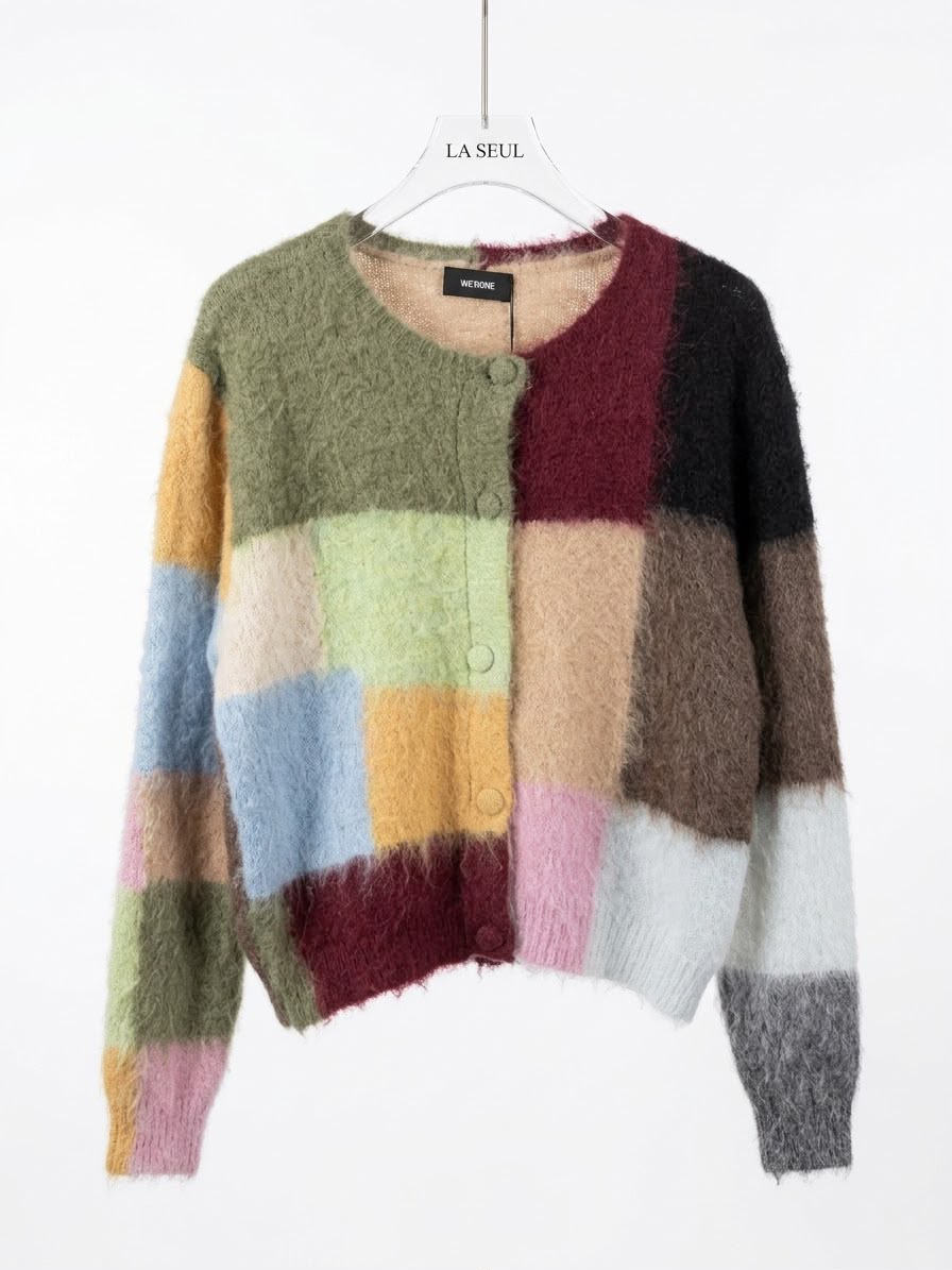 Multicolor fuzzy knit color-block cardigan with a crew neckline