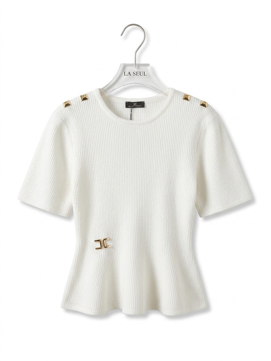 Elisabetta Franchi ribbed knit peplum top White with gold shoulder studs and metal waist logo