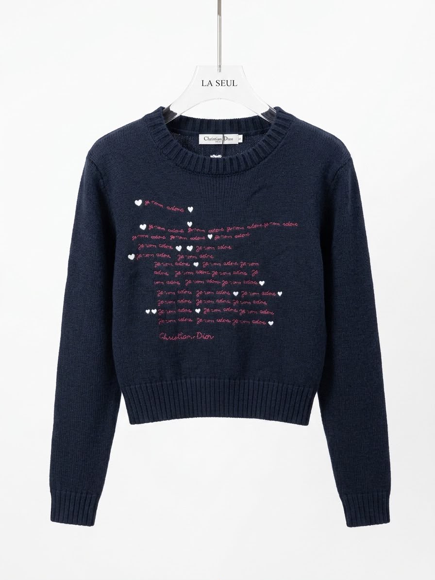 Christian Dior knit sweater Navy blue with red script embroidery