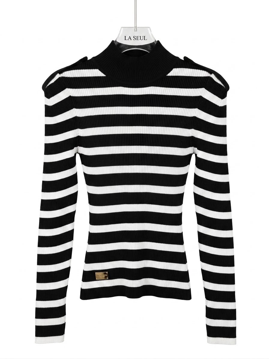 Black and white striped ribbed knit sweater with a solid mock neck Balmain