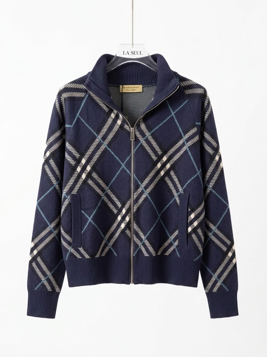 Burberry diagonal check zip-up knit sweater Navy blue