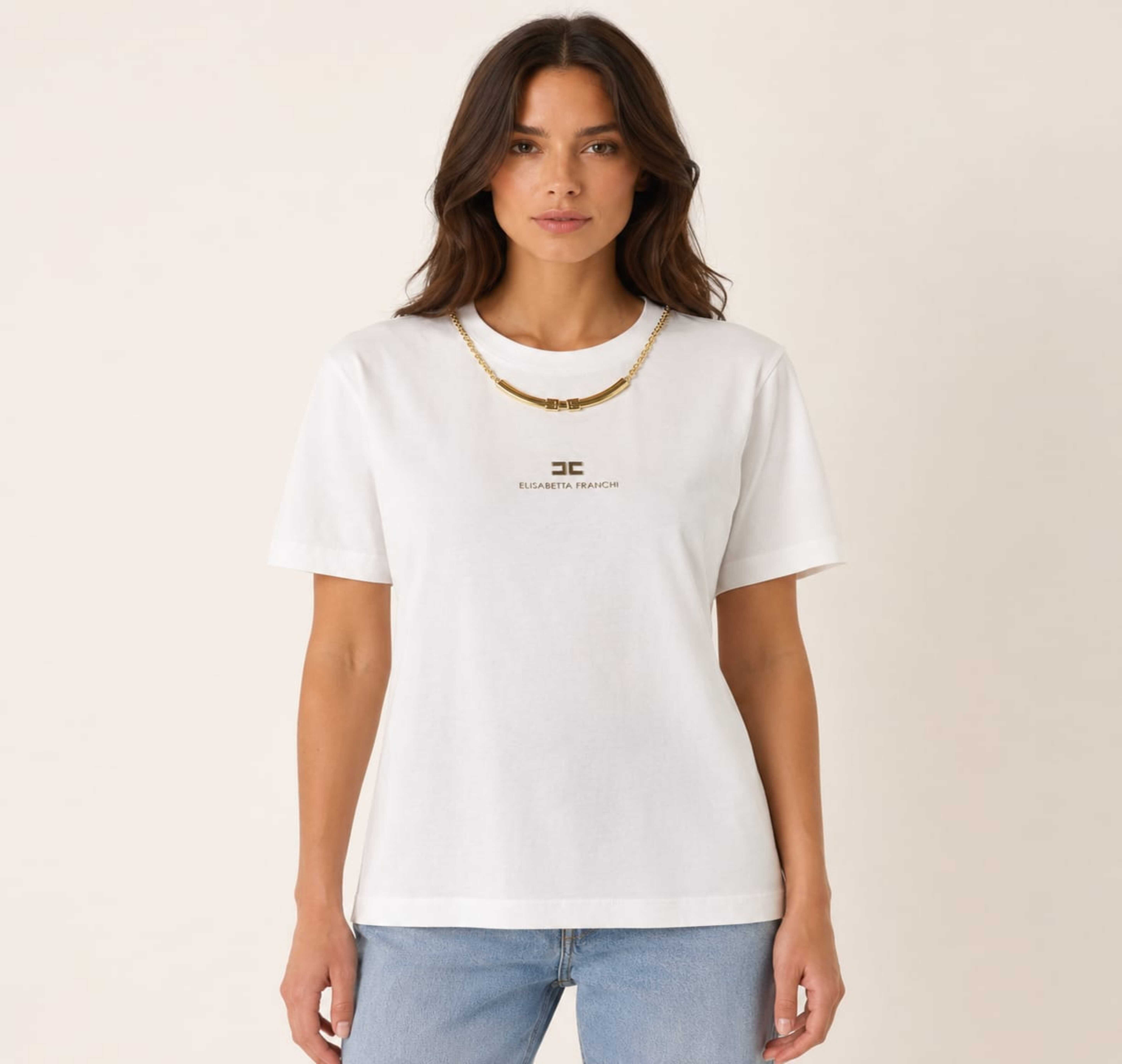 Elisabetta-T-Shirt White Cotton Nacklace Gold