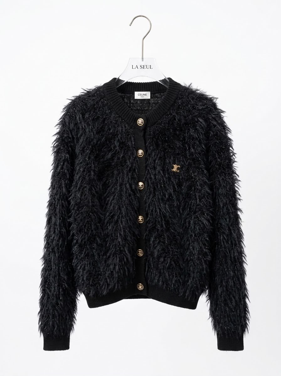 Celine shaggy knit cardigan Black with gold Triomphe logo and buttons