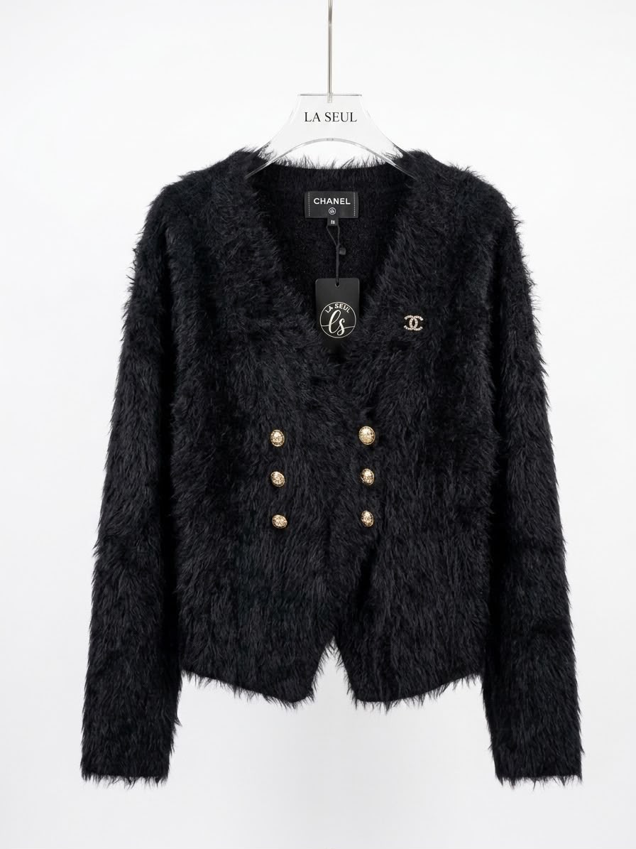 Chanel shaggy knit double-breasted cardigan Black with gold buttons and CC logo detail
