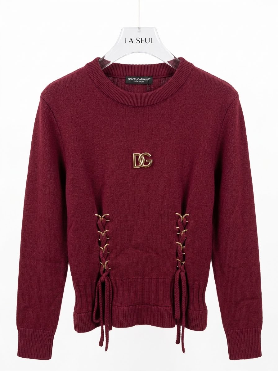 Dolce & Gabbana knit sweater Burgundy with corset-style lacing and a central gold DG logo