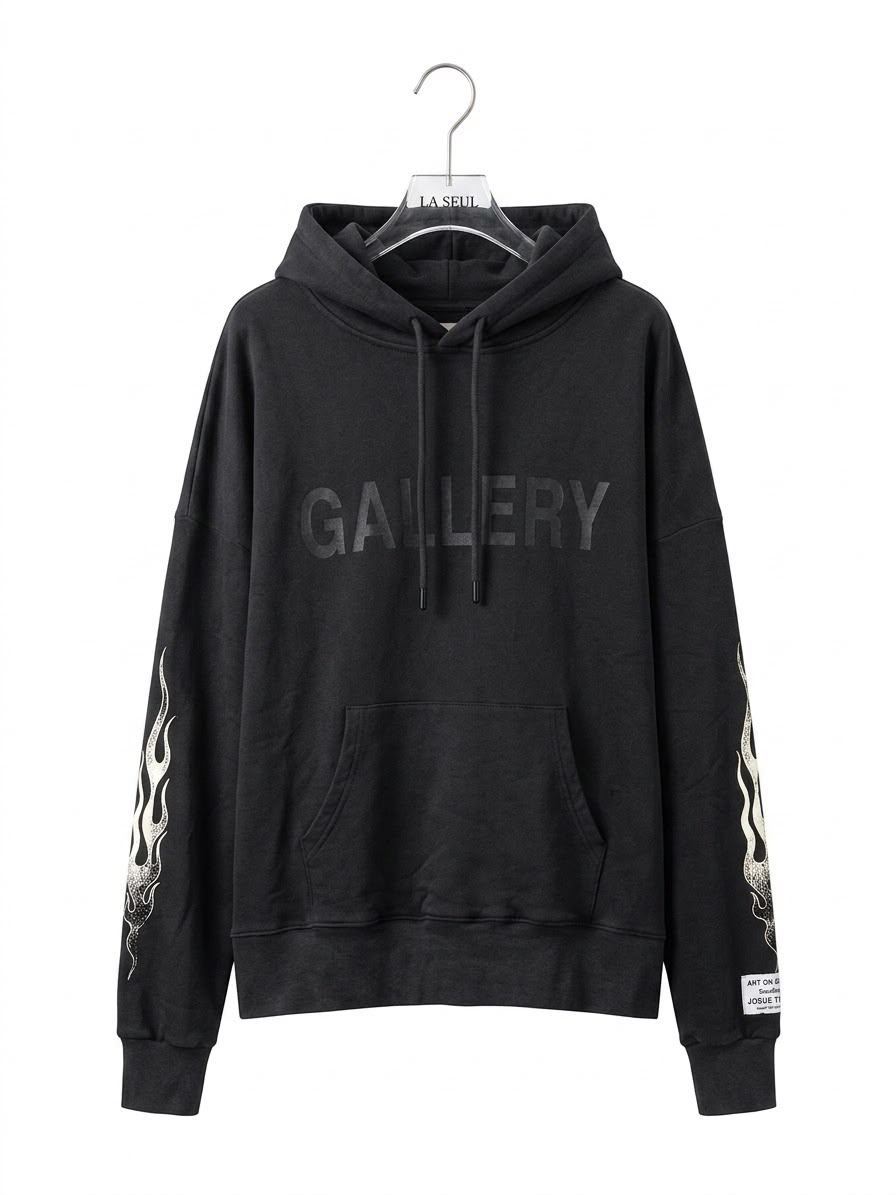 Gallery hoodie Black with tonal chest logo and flame sleeve graphics