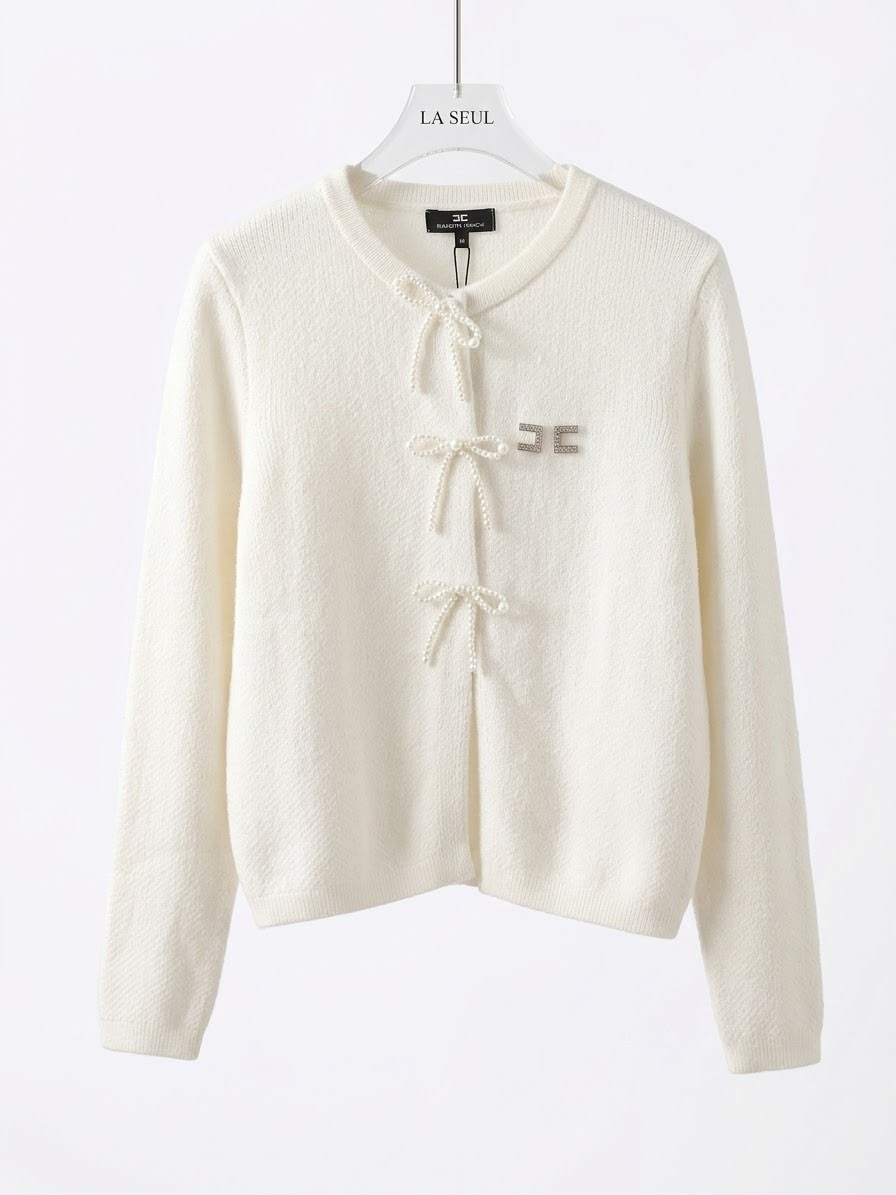 Elisabetta Franchi knit cardigan Ivory with a pearl bow tie and crystal GC logo