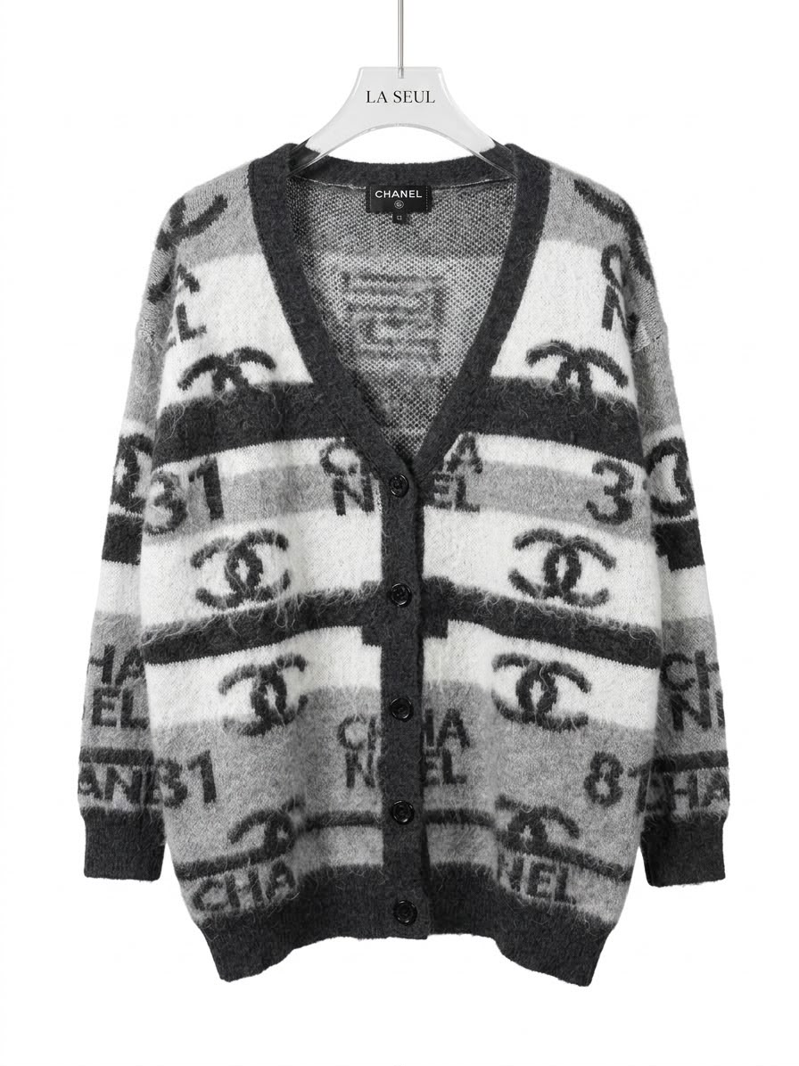 Chanel fuzzy knit cardigan Grey and white striped with CC logos
