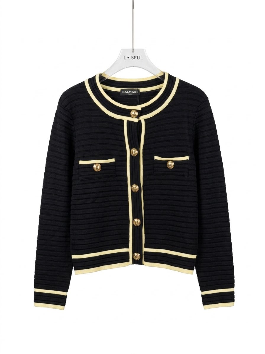 Balmain ribbed knit cardigan Black with cream trim and gold buttons