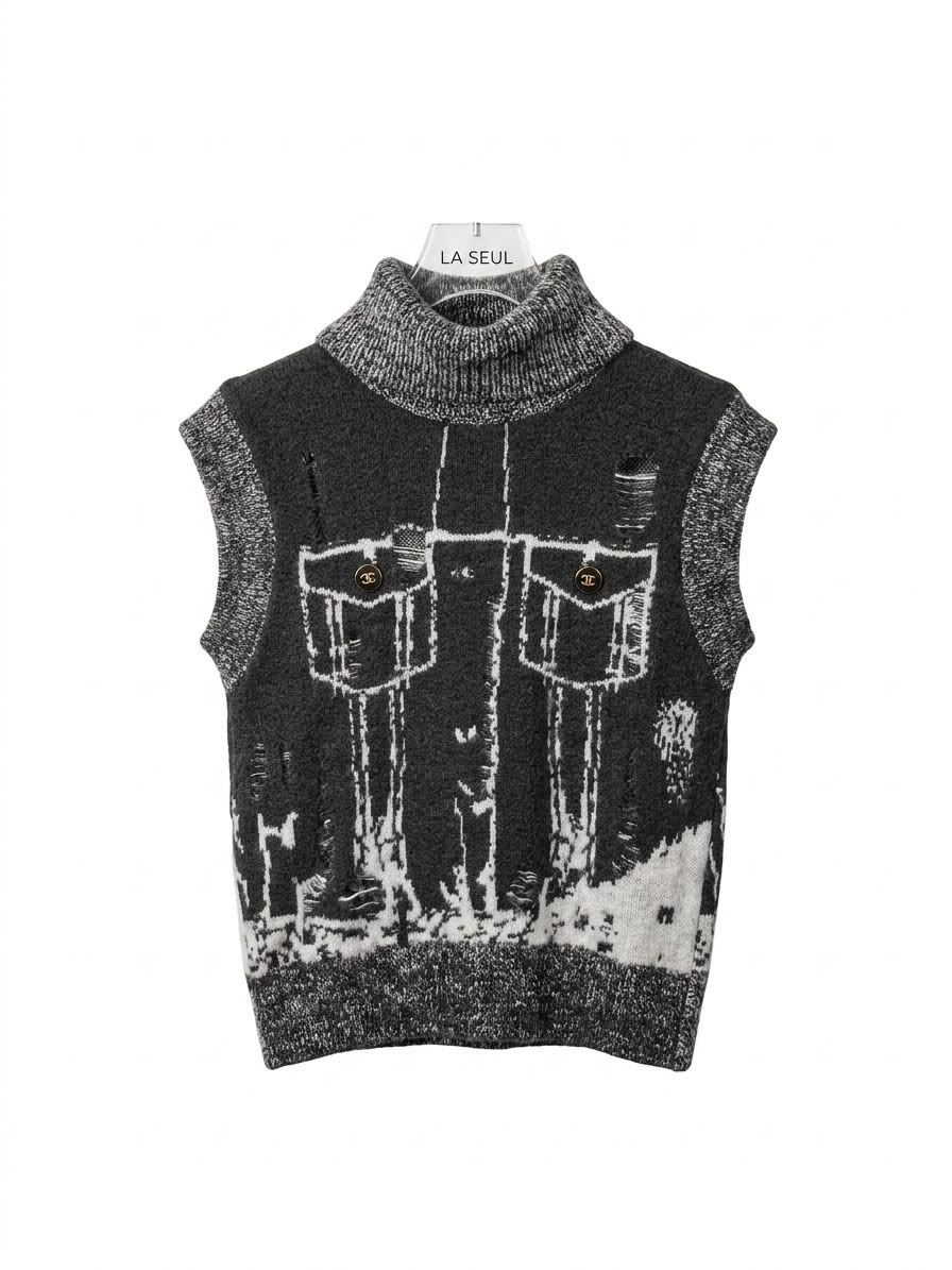 Chanel distressed knit turtleneck vest Black with trompe l'oeil jacket design