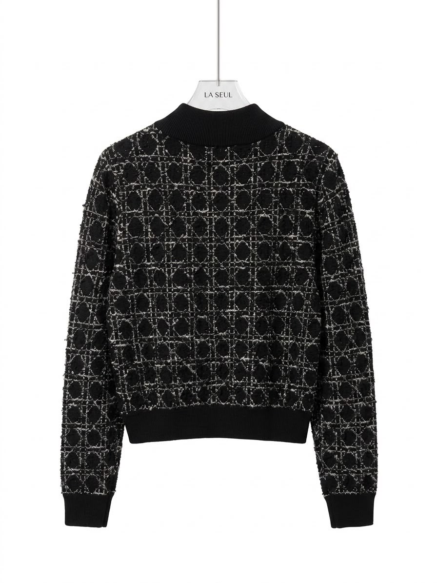 Dior textured knit zip-up jacket Black with signature white cannage motif - Image 3