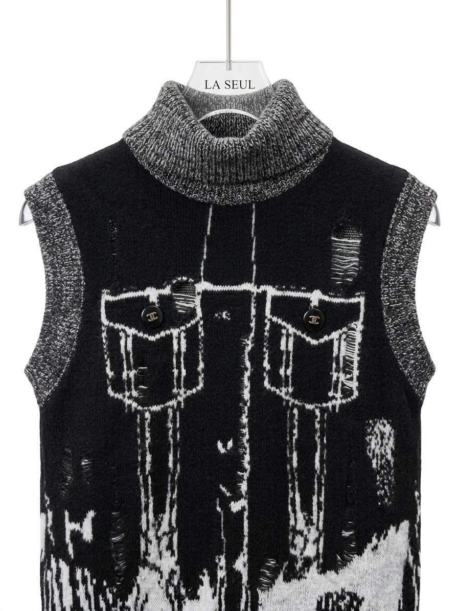 Chanel distressed knit turtleneck vest Black with trompe l'oeil jacket design - Image 2