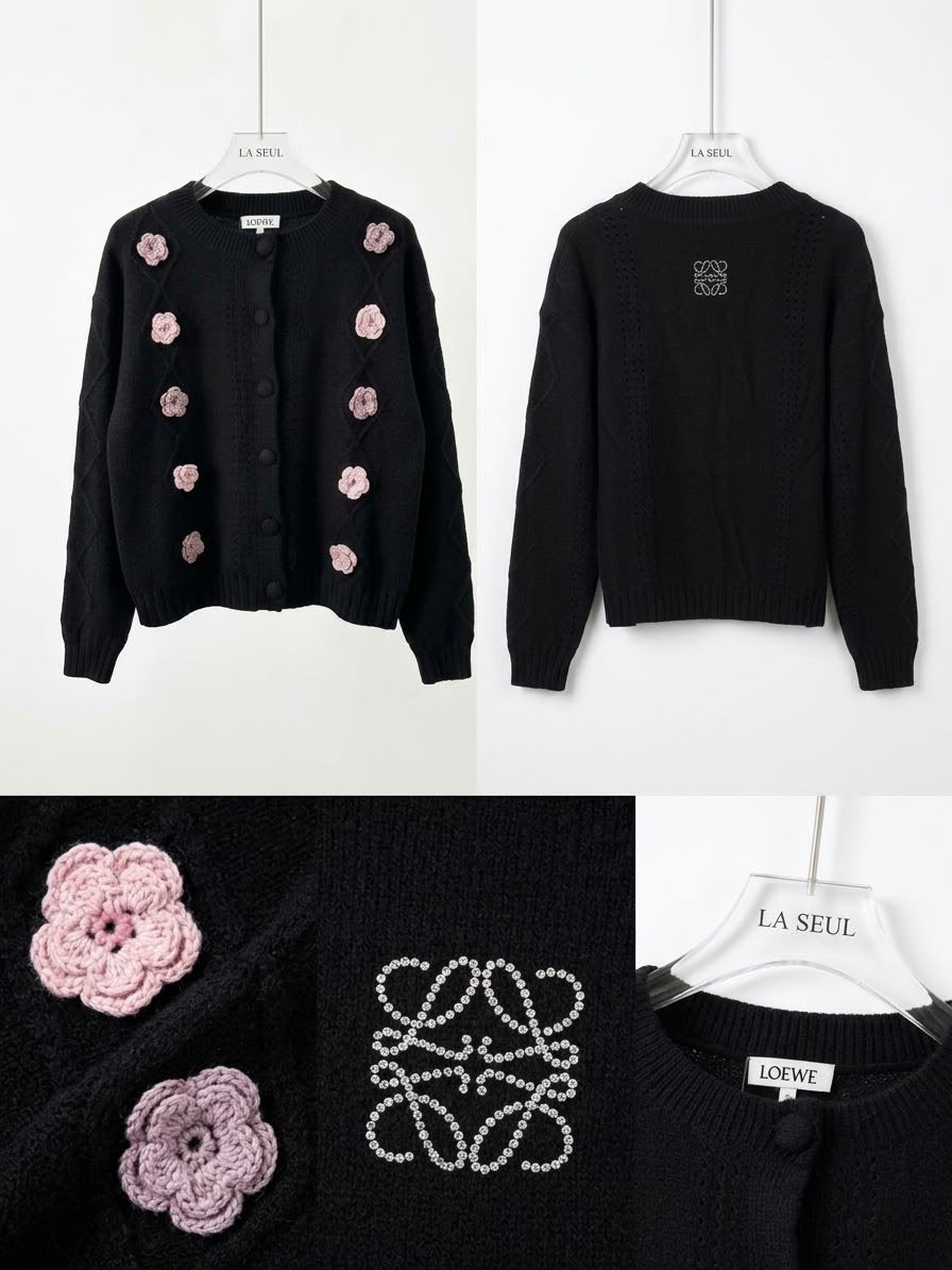Loewe knit cardigan Black with pink 3D floral appliqués and subtle diamond texture - Image 3