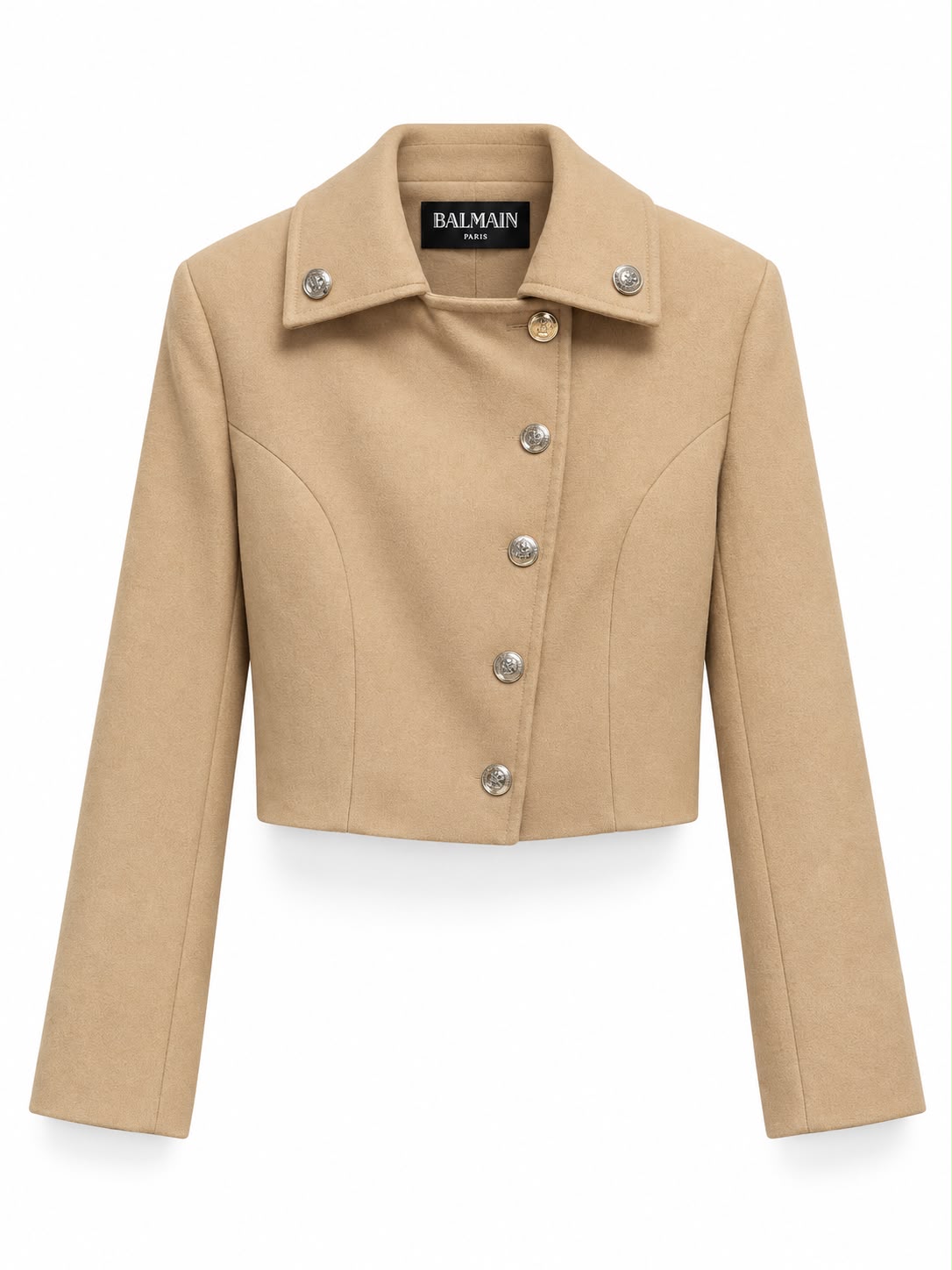 Balmain cropped tailored jacket Beige with silver buttons - Image 2