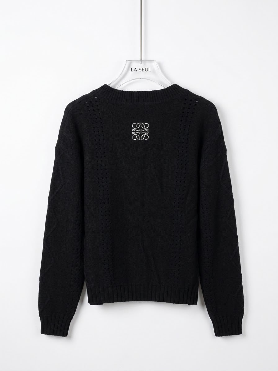 Loewe knit cardigan Black with pink 3D floral appliqués and subtle diamond texture - Image 1