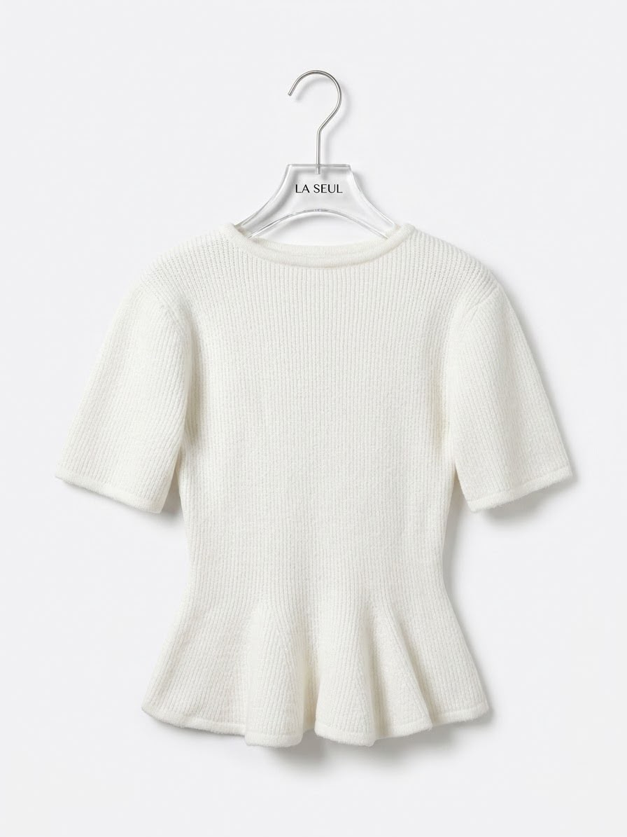 Elisabetta Franchi ribbed knit peplum top White with gold shoulder studs and metal waist logo - Image 3