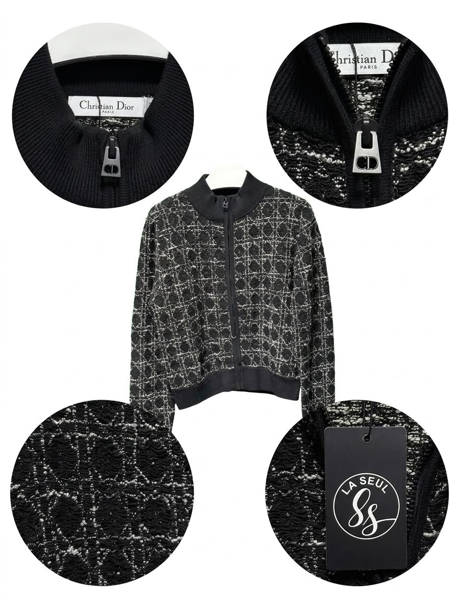 Dior textured knit zip-up jacket Black with signature white cannage motif - Image 1