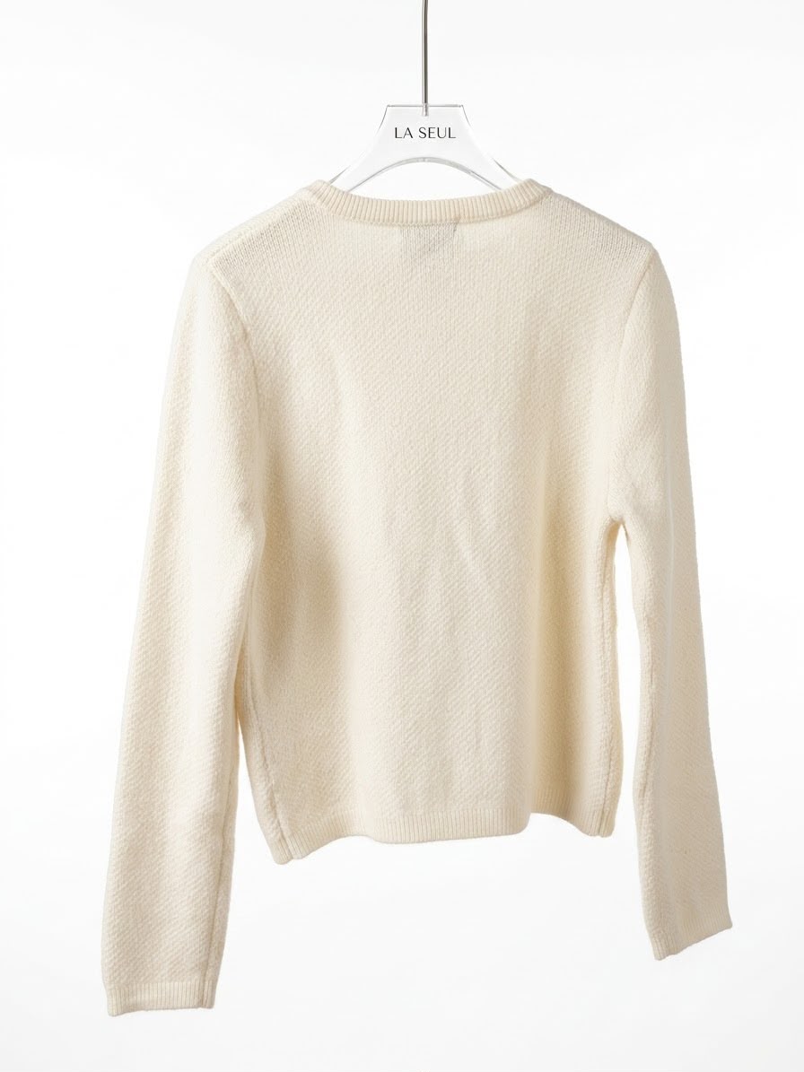 Elisabetta Franchi knit cardigan Ivory with a pearl bow tie and crystal GC logo - Image 3
