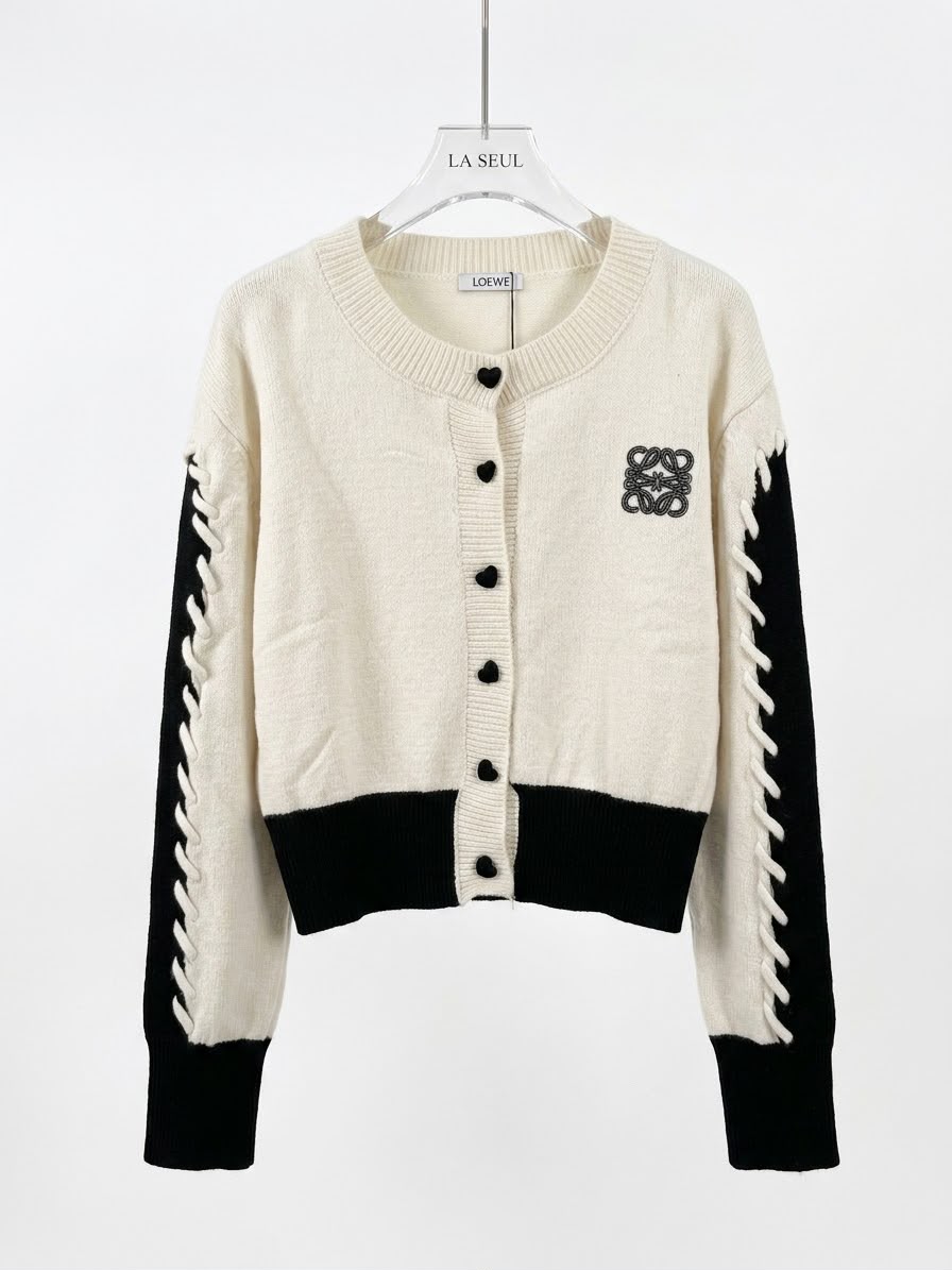 Loewe knit cardigan Cream and black with heart buttons, embroidered Anagram logo - Image 2