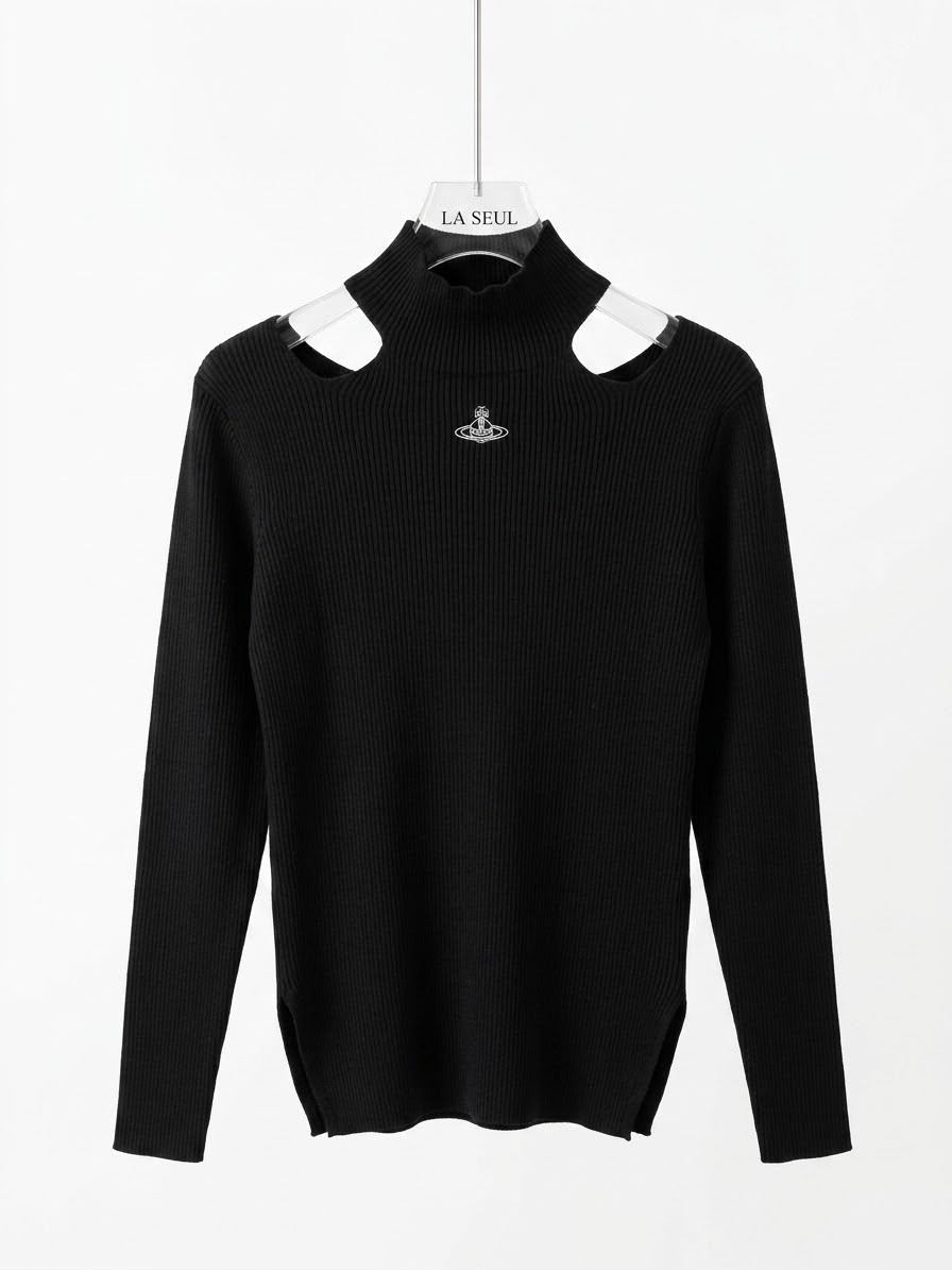 Vivienne Westwood ribbed knit sweater Black with cold-shoulder cutouts and central silver Orb logo - Image 2
