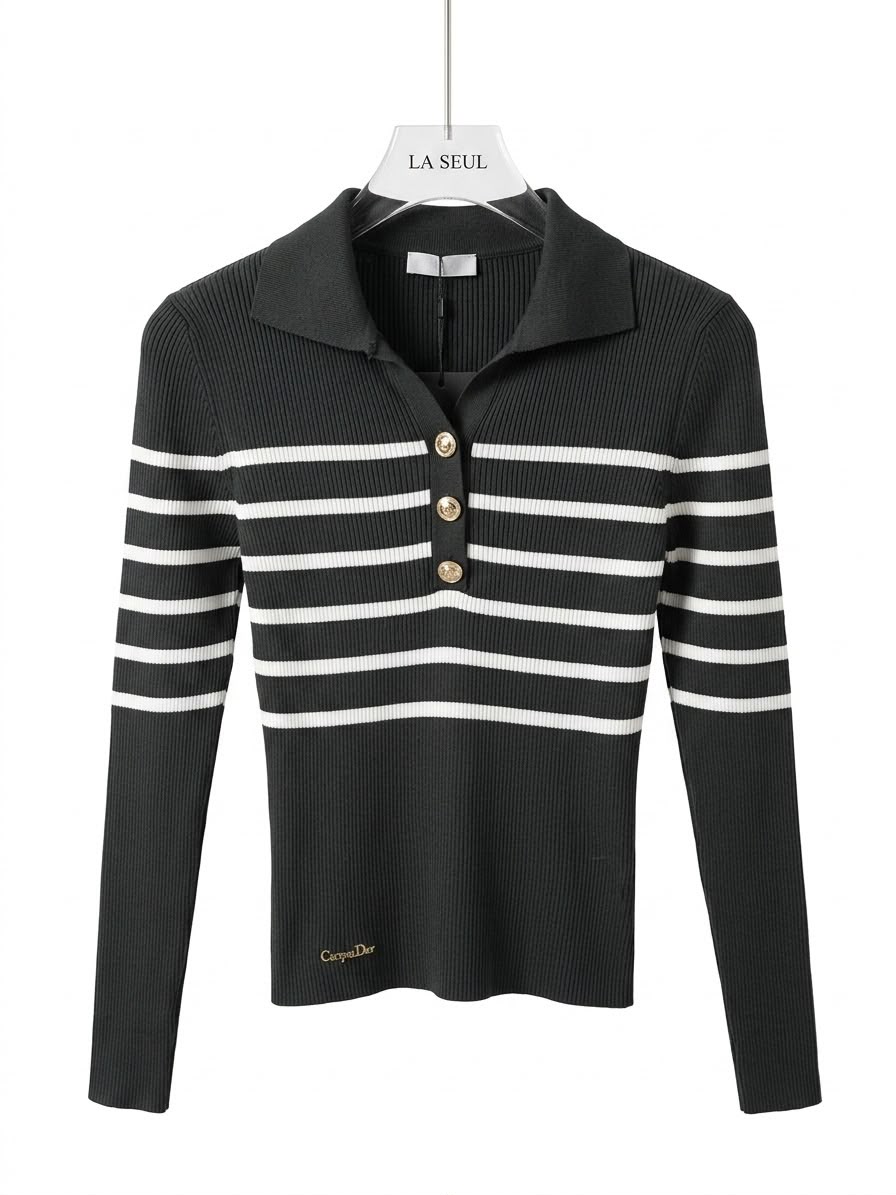 Christian Dior ribbed knit polo top Black and white striped - Image 3