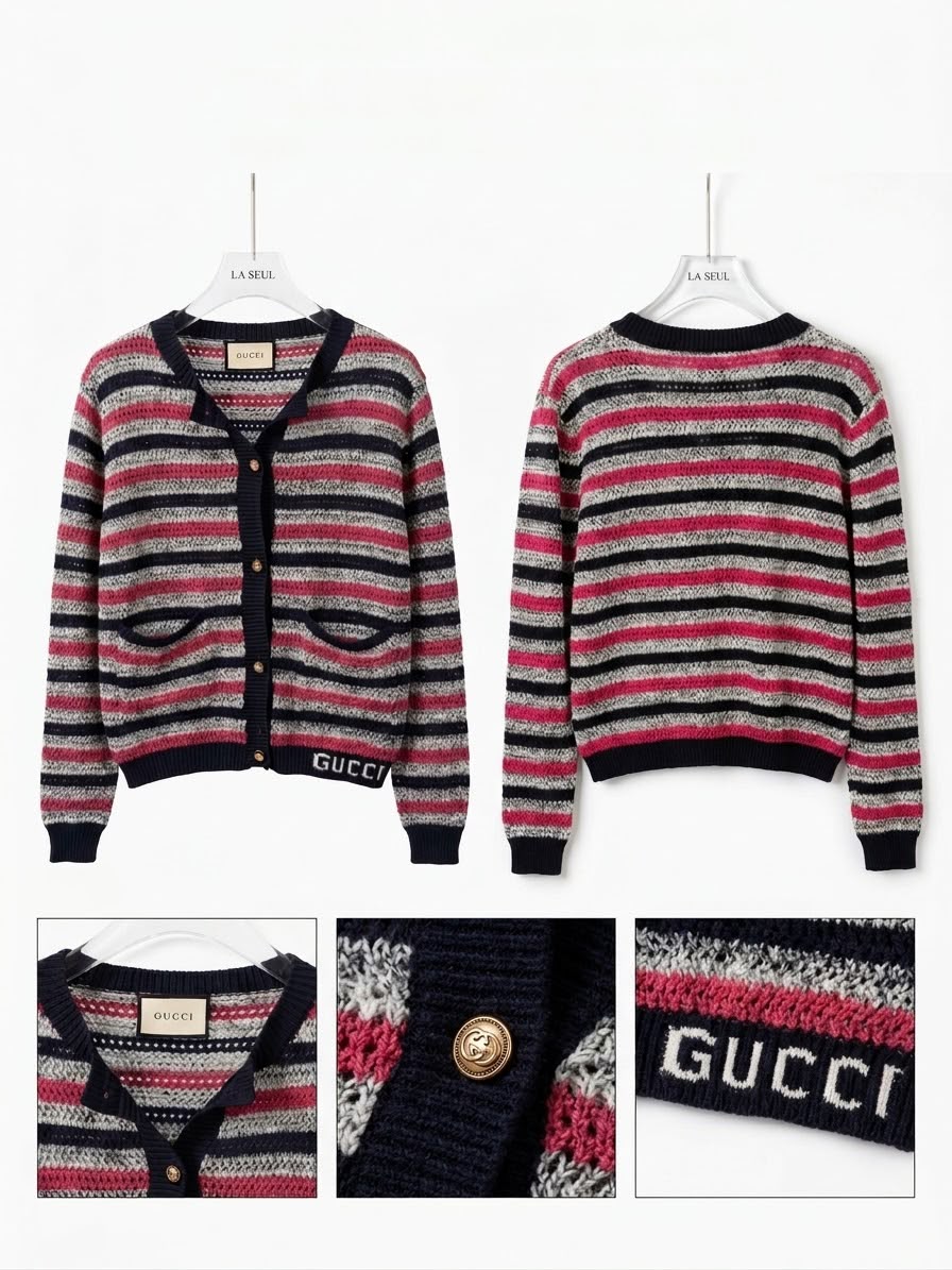 Gucci striped knit cardigan Multicolor with navy trim, gold buttons - Image 1