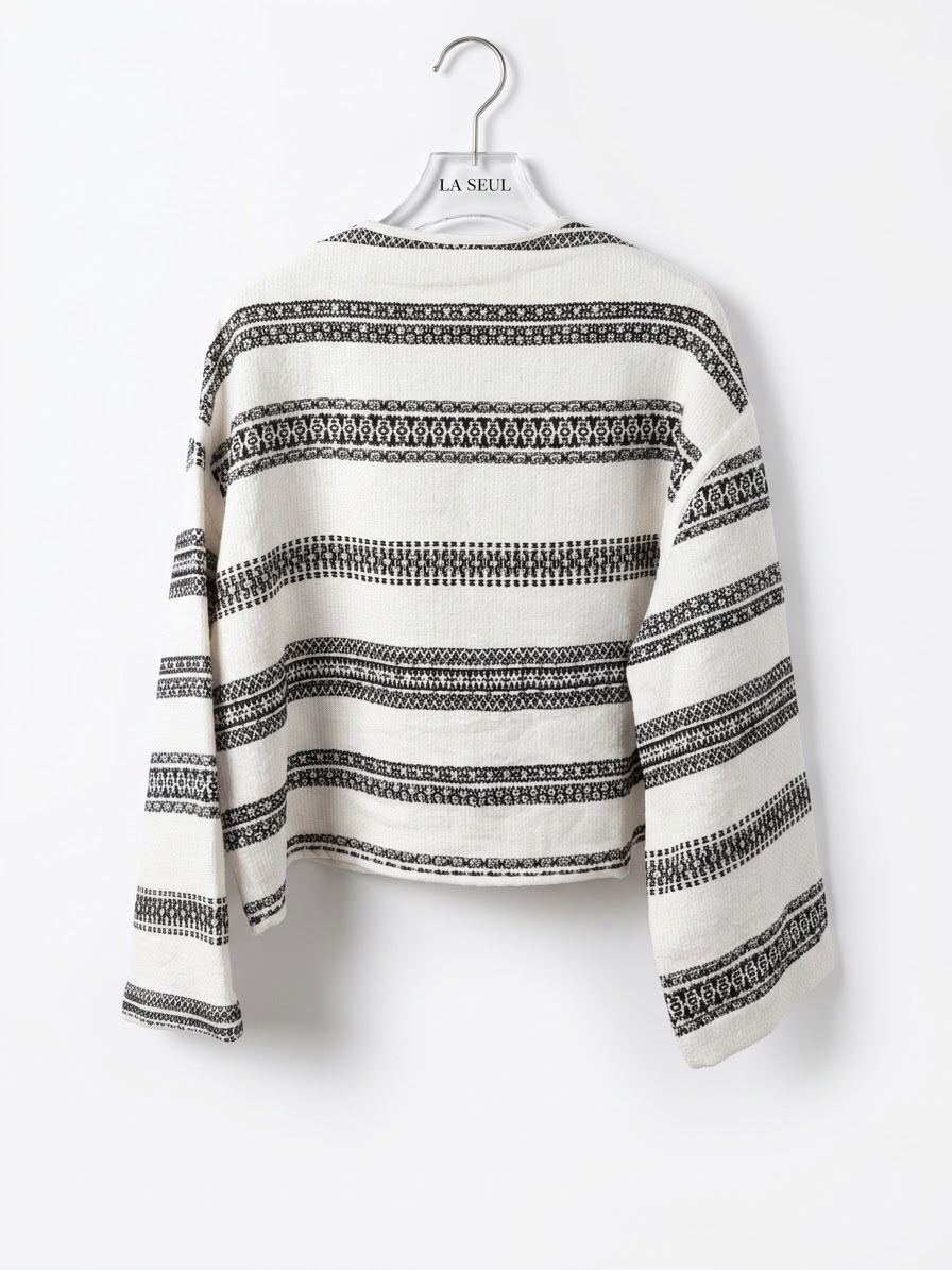 Cream striped knit cardigan with black geometric pattern and leather-trimmed pockets celine - Image 1