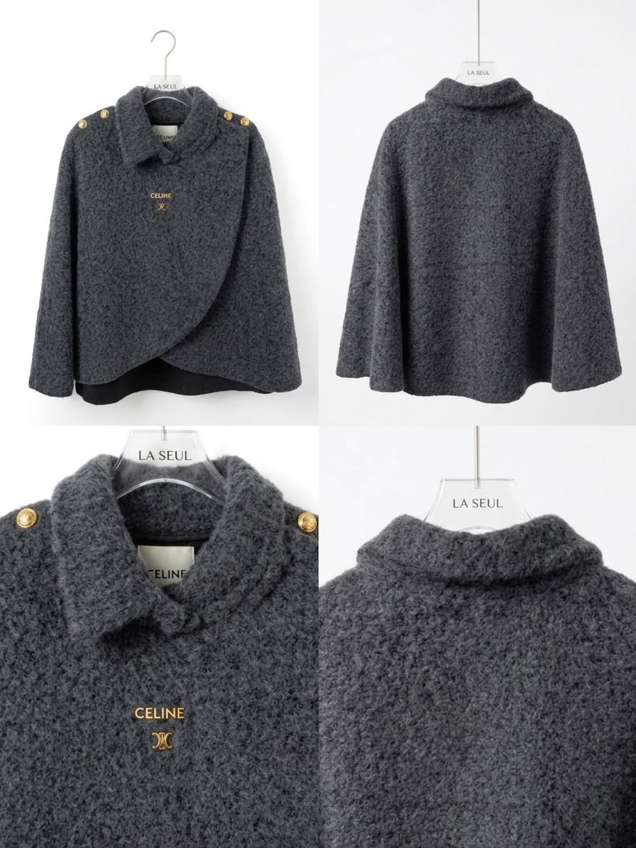 Celine textured wool wrap cape Charcoal grey with gold shoulder buttons and Triomphe logo - Image 2