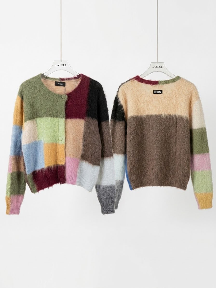 Multicolor fuzzy knit color-block cardigan with a crew neckline - Image 3