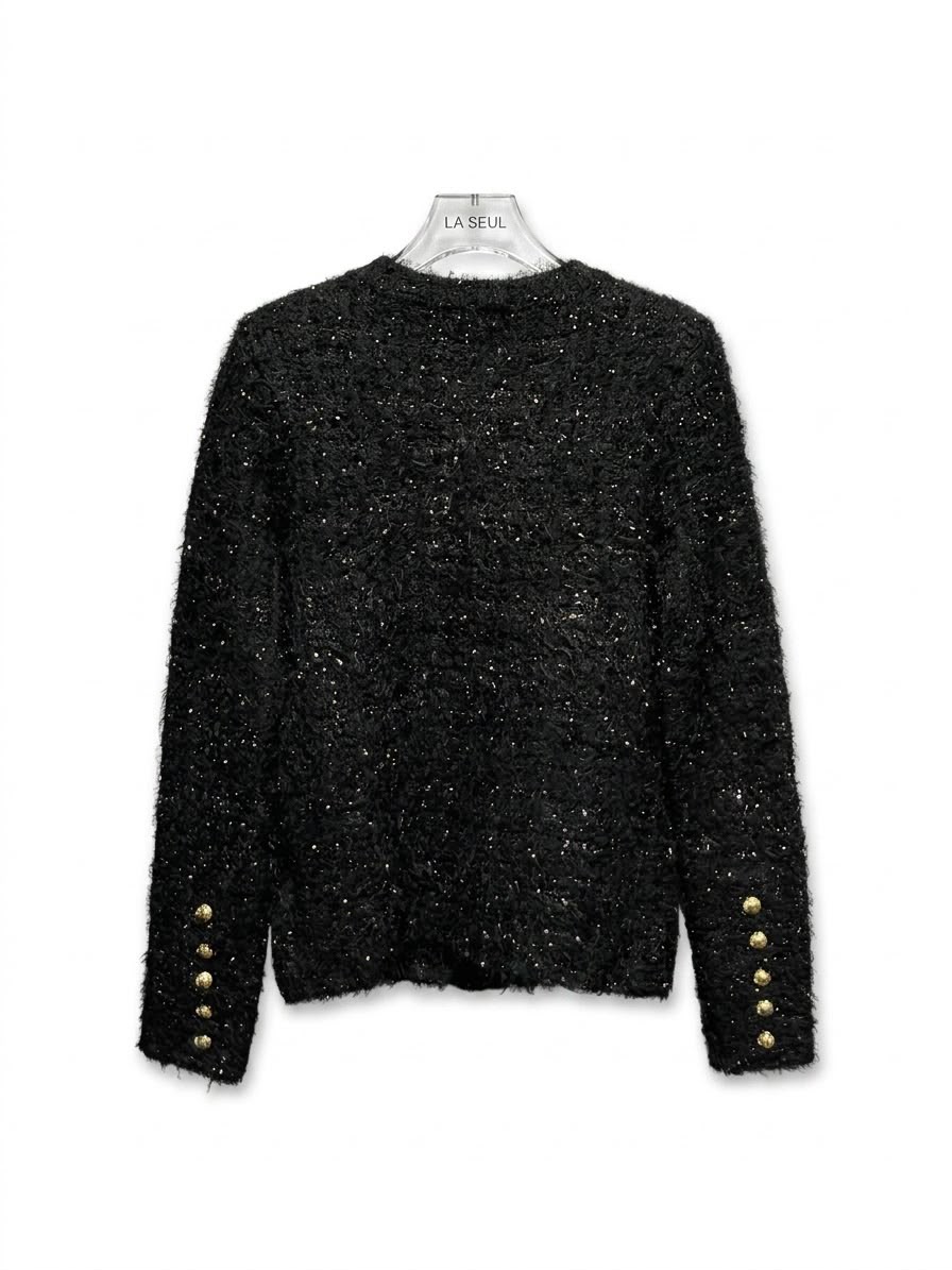 Black textured tweed jacket with subtle metallic threading and prominent gold buttons Balmain - Image 3