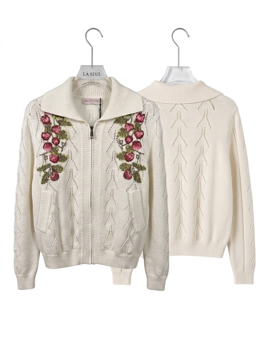 Valentino zip-up knit cardigan Cream with embroidered berry motifs and pointelle details - Image 3