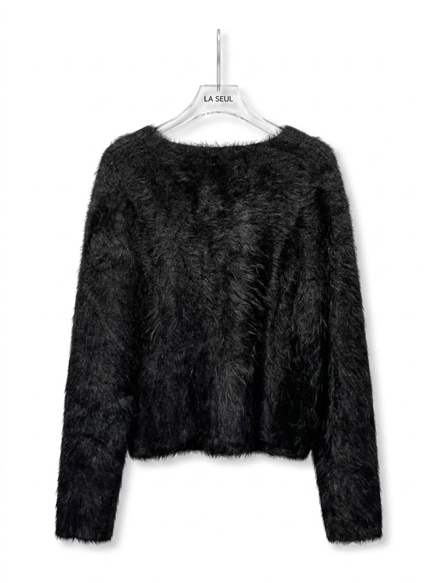 Chanel shaggy knit double-breasted cardigan Black with gold buttons and CC logo detail - Image 1