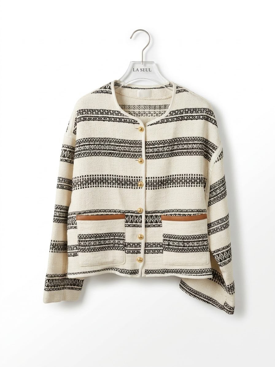 Cream striped knit cardigan with black geometric pattern and leather-trimmed pockets celine - Image 2