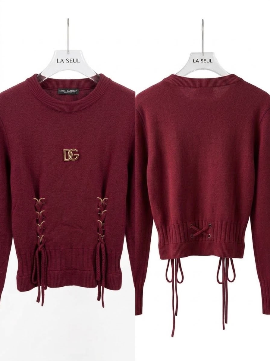 Dolce & Gabbana knit sweater Burgundy with corset-style lacing and a central gold DG logo - Image 2