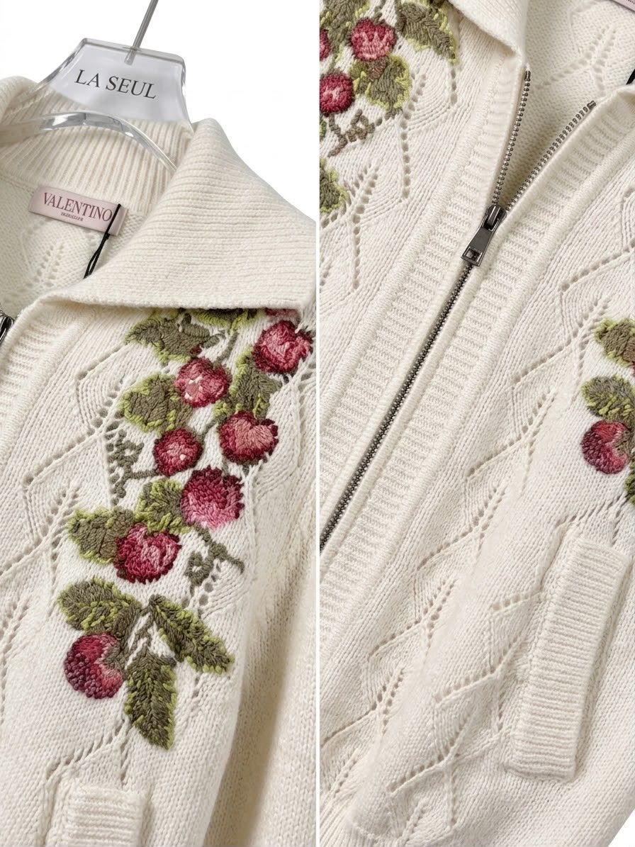 Valentino zip-up knit cardigan Cream with embroidered berry motifs and pointelle details - Image 2