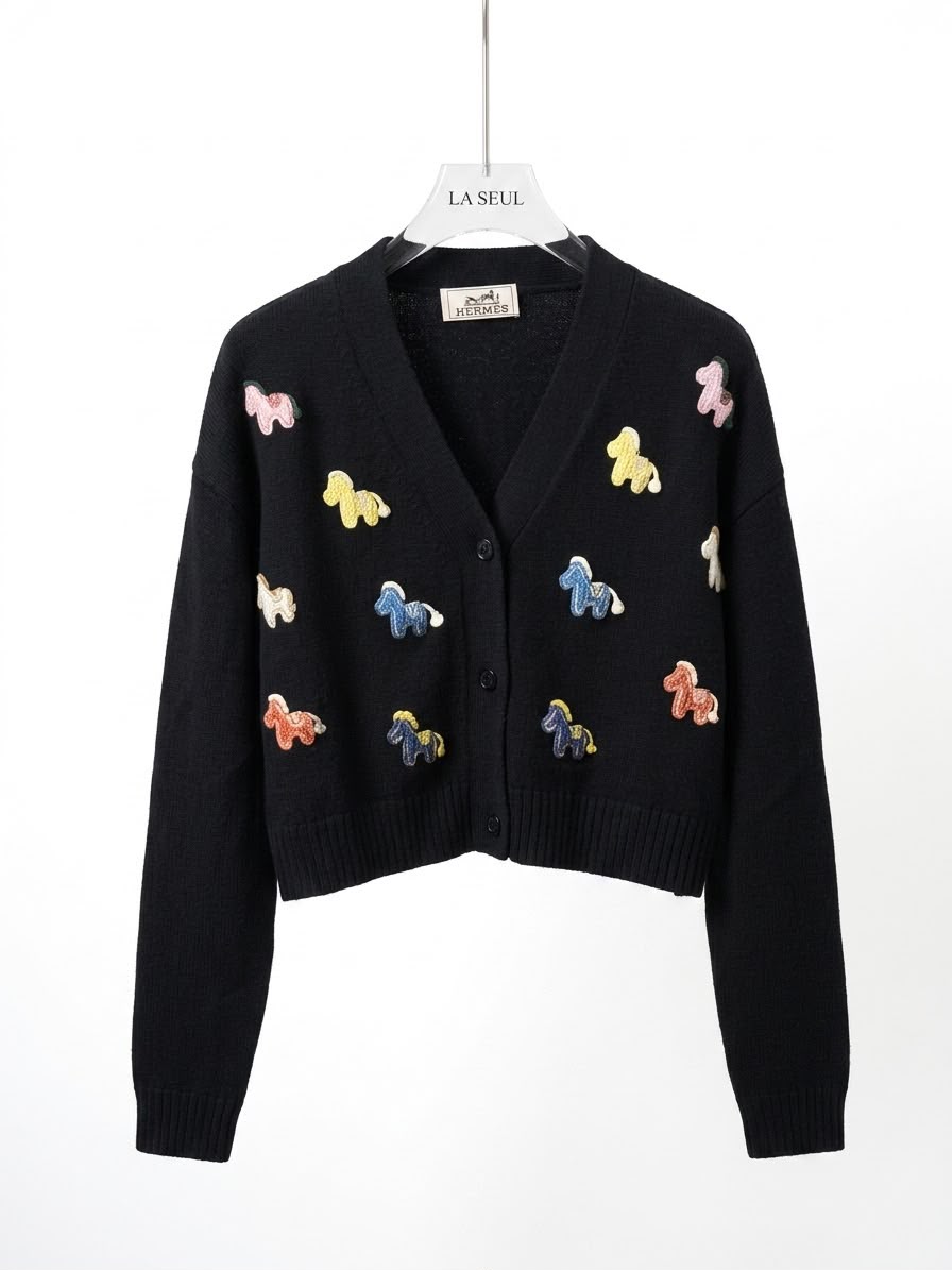 Hermès knit cardigan Black with colorful embroidered horse motifs - Image 2
