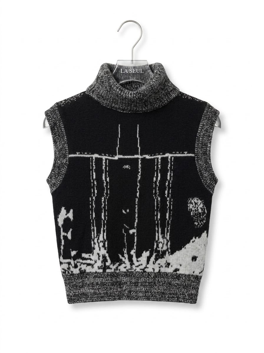 Chanel distressed knit turtleneck vest Black with trompe l'oeil jacket design - Image 1