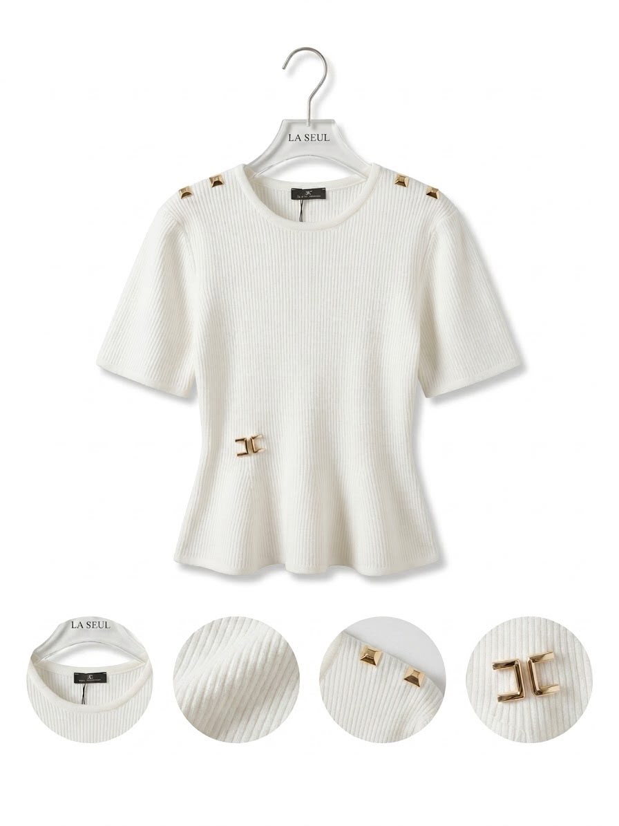 Elisabetta Franchi ribbed knit peplum top White with gold shoulder studs and metal waist logo - Image 1