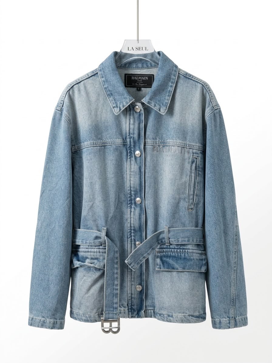 Balmain belted denim jacket Light blue - Image 2