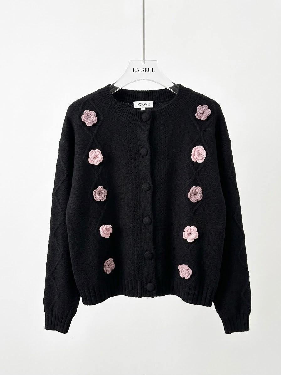 Loewe knit cardigan Black with pink 3D floral appliqués and subtle diamond texture - Image 2