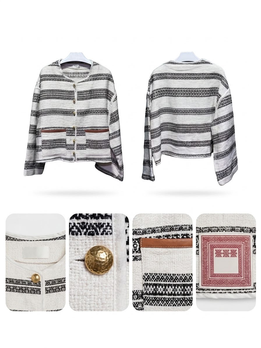 Cream striped knit cardigan with black geometric pattern and leather-trimmed pockets celine - Image 3