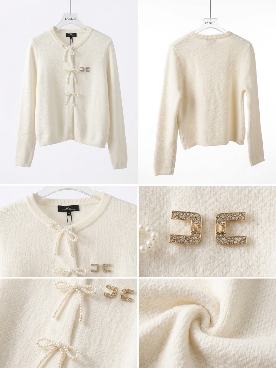 Elisabetta Franchi knit cardigan Ivory with a pearl bow tie and crystal GC logo - Image 2