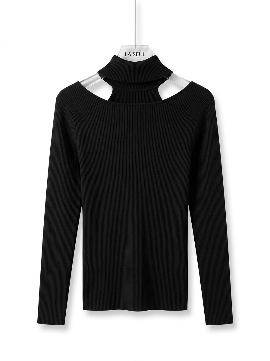Vivienne Westwood ribbed knit sweater Black with cold-shoulder cutouts and central silver Orb logo - Image 1