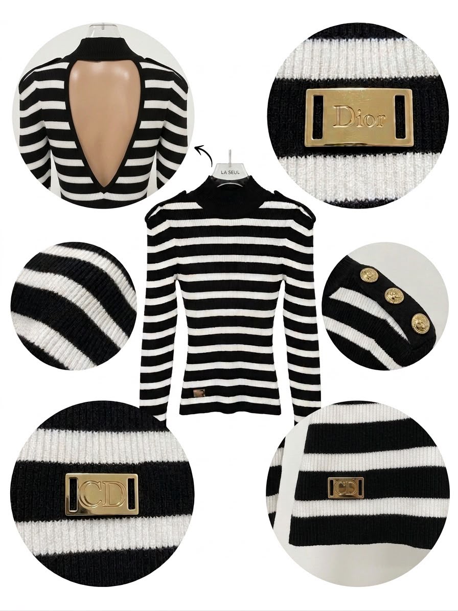 Black and white striped ribbed knit sweater with a solid mock neck Balmain - Image 2