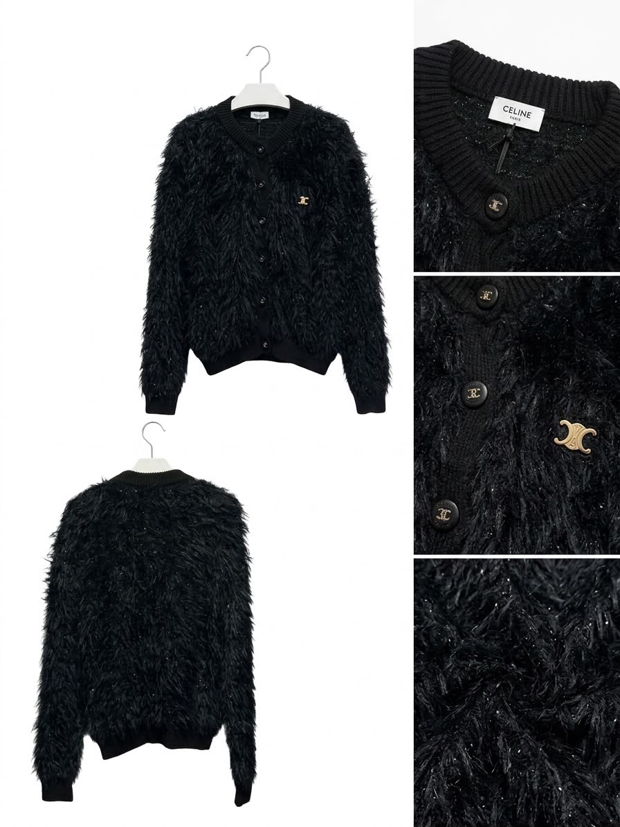 Celine shaggy knit cardigan Black with gold Triomphe logo and buttons - Image 2