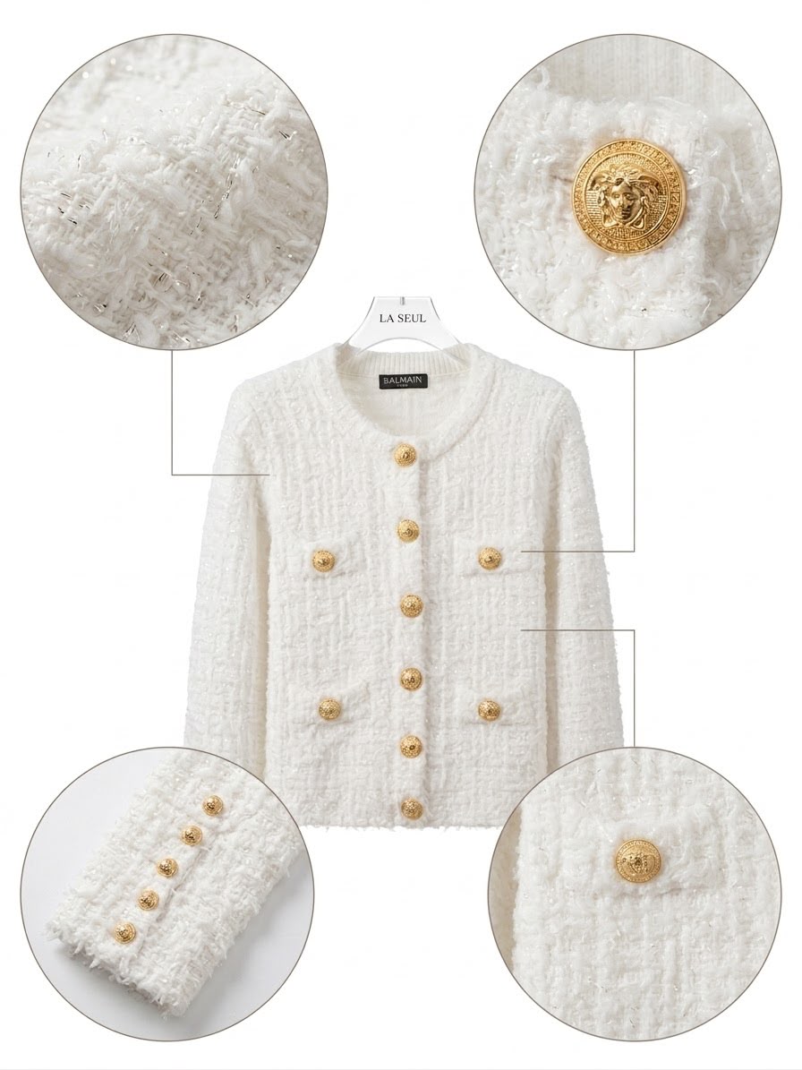 White Balmain textured knit jacket with signature embossed gold buttons and four front pockets - Image 2