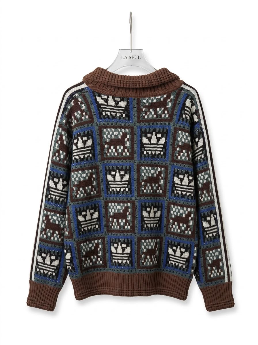Adidas jacquard knit cardigan Brown and blue with repeating Trefoil logo pattern - Image 3